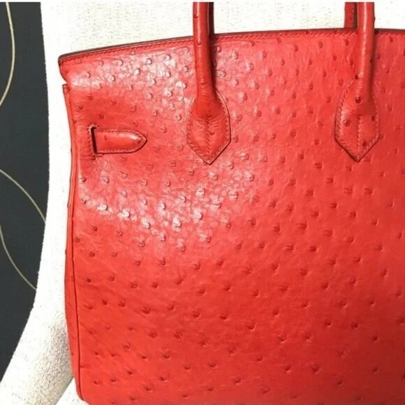 Authentic RARE HERMES Hac Birkin 32 bag Ostrich leather Rouge Vif red - Picture 6 of 11